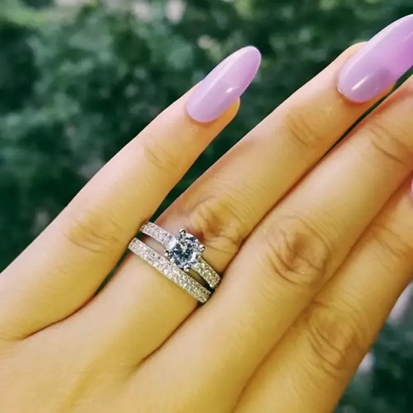 Host Pick! NEW! Dainty 18K White Gold Halo Diamond Engagement Ring Set - Picture 1 of 6